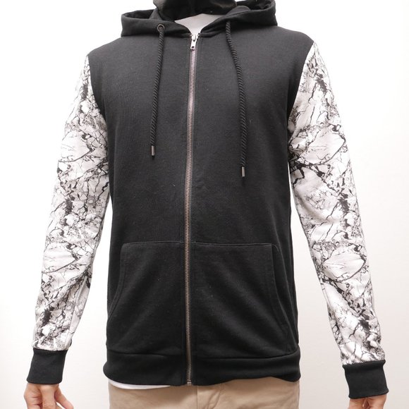 Other - Black Zip Up Hoodie with White Marble Texture Graphic Sleeves - Size S